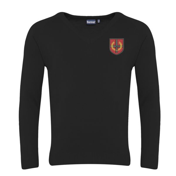 E. Martyrs Academy Black V-Neck Pullover w/Logo