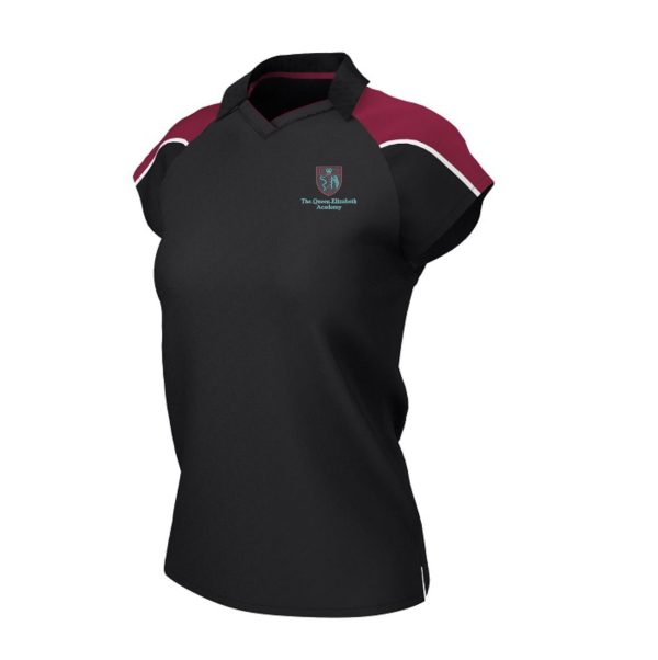 The Queen Elizabeth Academy Fitted Black/Maroon Polo Shirt w/Logo